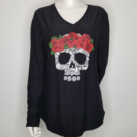 No Boundaries Tops - No Boundries Floral Skull Black V Neck Long Sleeve Stretchy Top XXXL